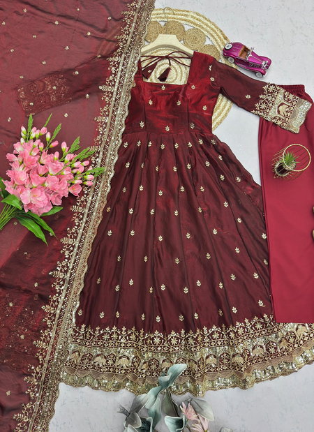 Sc 1329 Heavy Fandy Silk Embroidery Work Gown With Pant Dupatta Wholesale Online